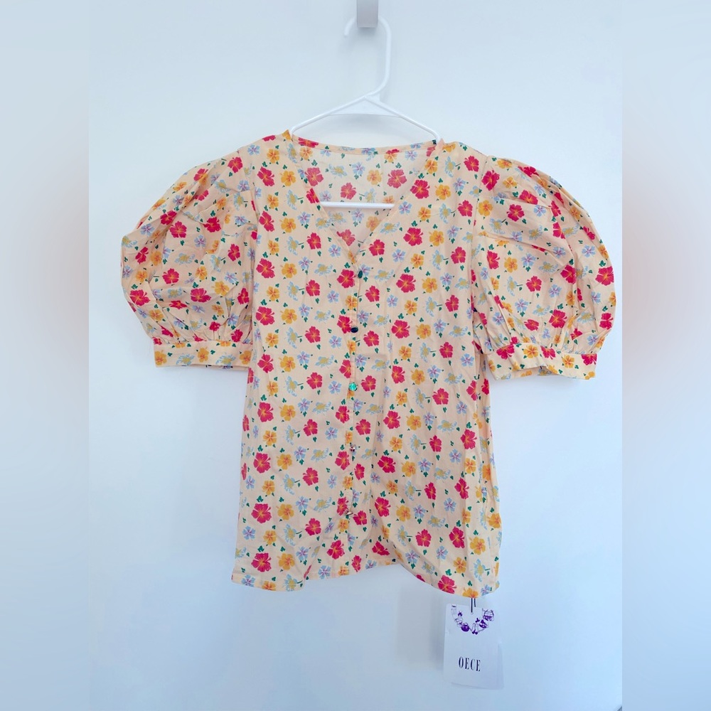 Puff Sleeve V Neck Floral Blouse